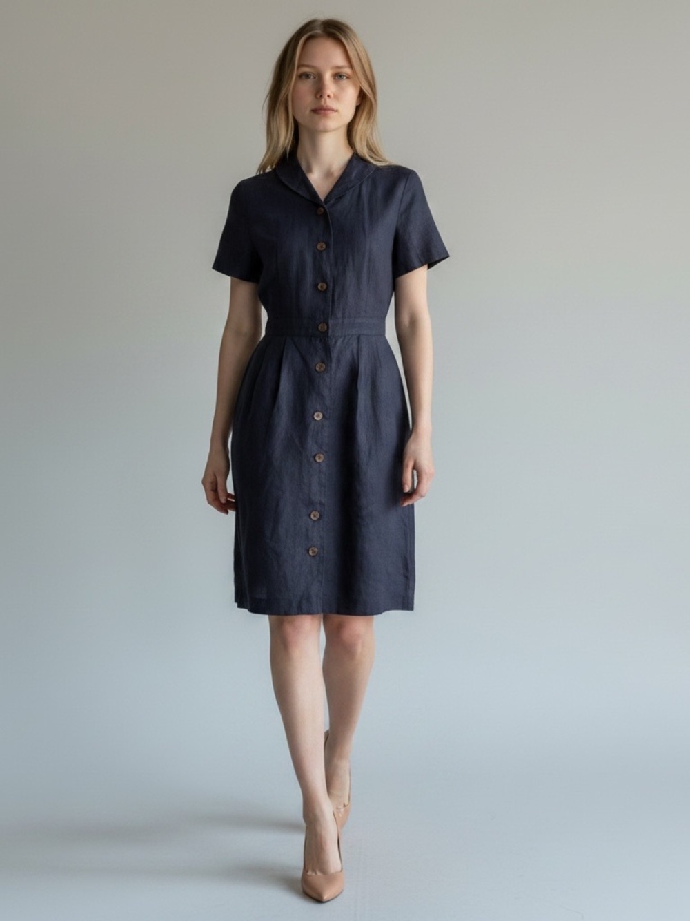 FRANK STELLA New York Classic Short Sleeve Navy Blue Button Front Dress S Linen